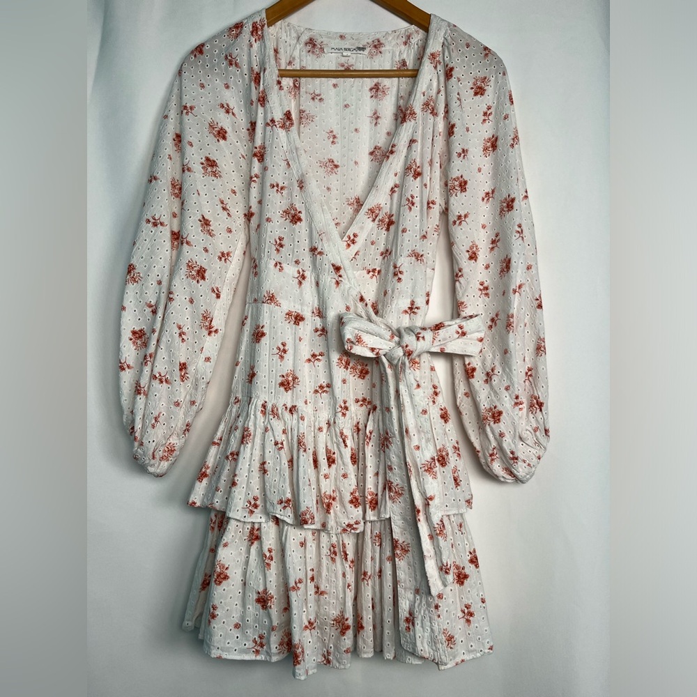 Maia Bergman Ines Ruffled Floral Eyelet Mini Wrap Dress White /Pink Size XL - Picture 4 of 10